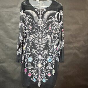 Gothic Demon Bejeweled Mesh Dress Size XL Black See Thru Goth Club Silver Sexy